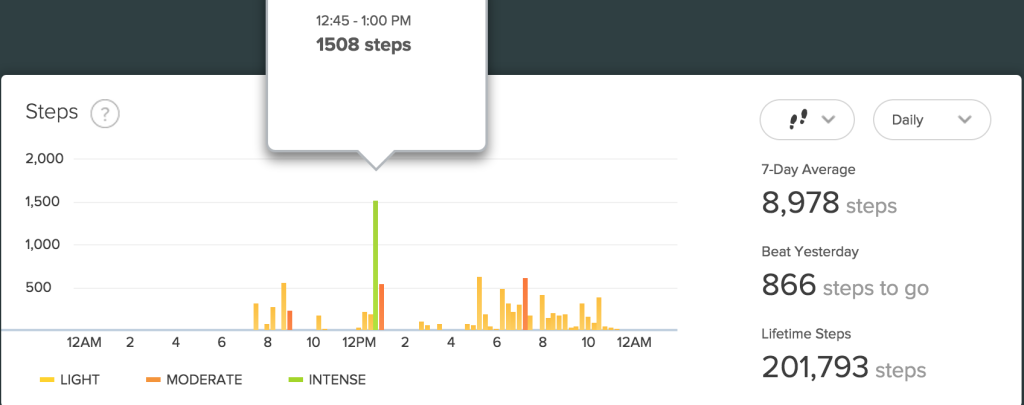 screenshot of fitbit steps during the day - day 3